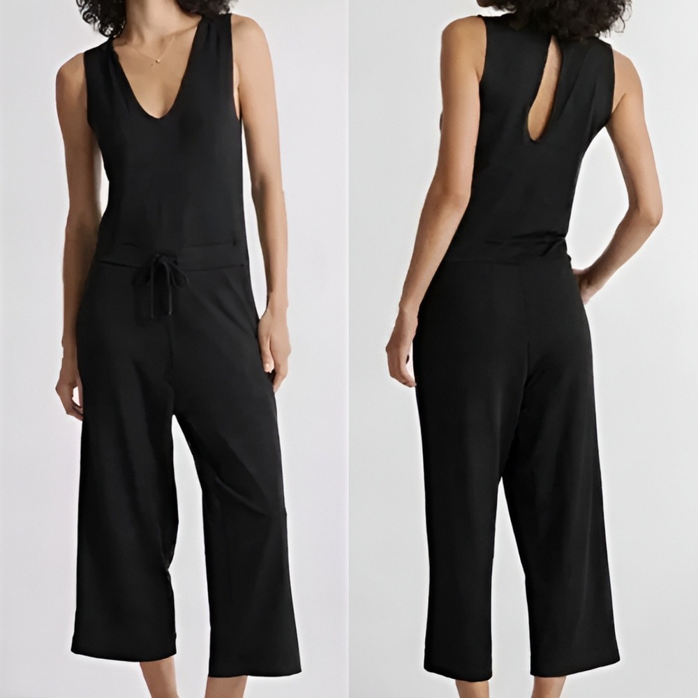 Quince Black Terry Modal Jumpsuit Wide Leg Keyhole Back V Neck Size Large